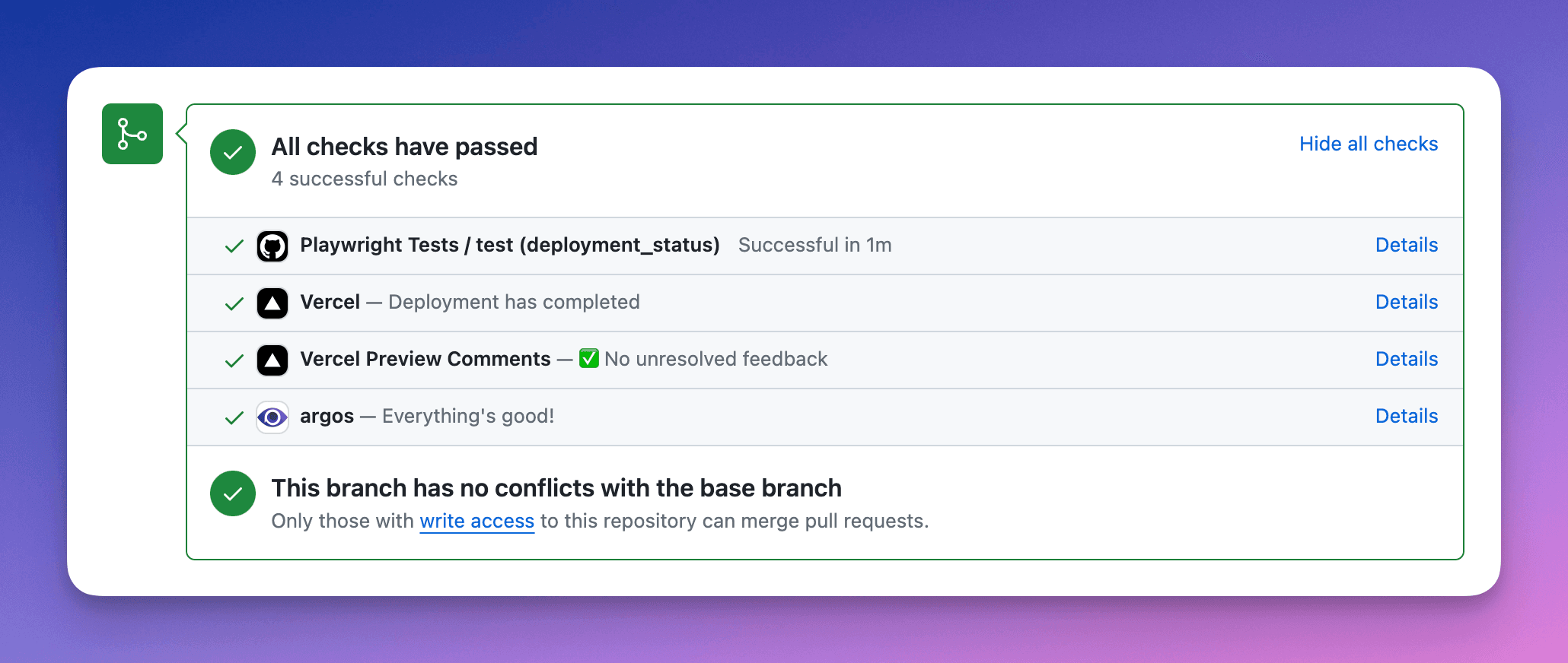 GitHub pull request check statuses